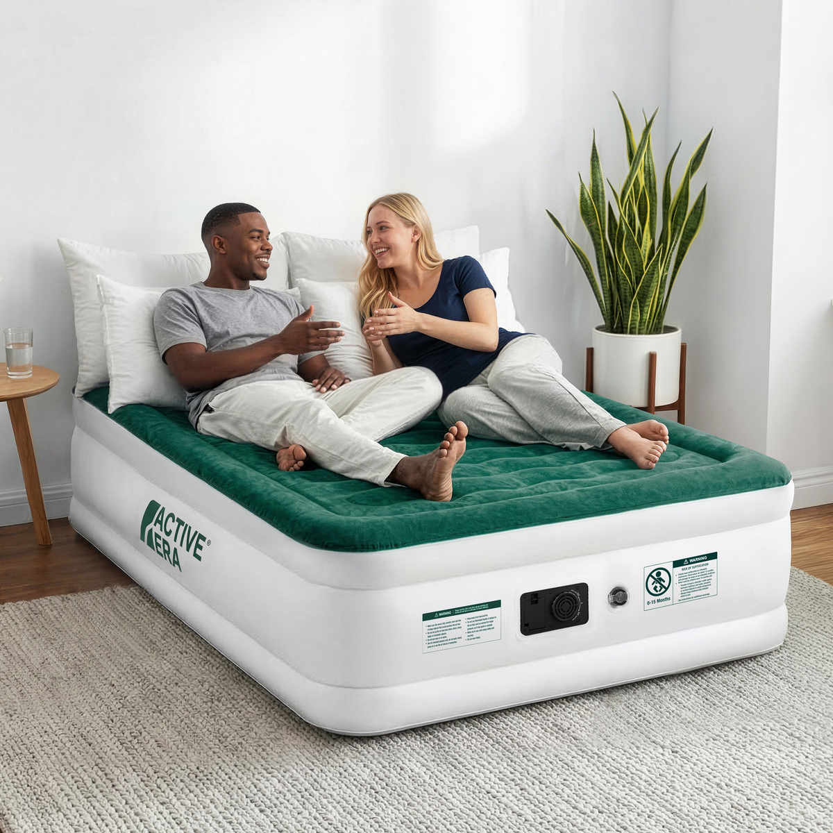 Double Size Comfort Plus Air Bed with Built-In Electric Pump – Green/White