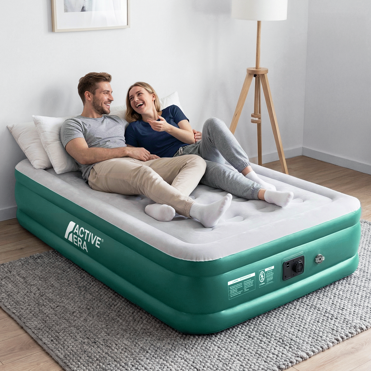 Double Size Comfort Air Bed with Built-In Electric Pump – Green/White