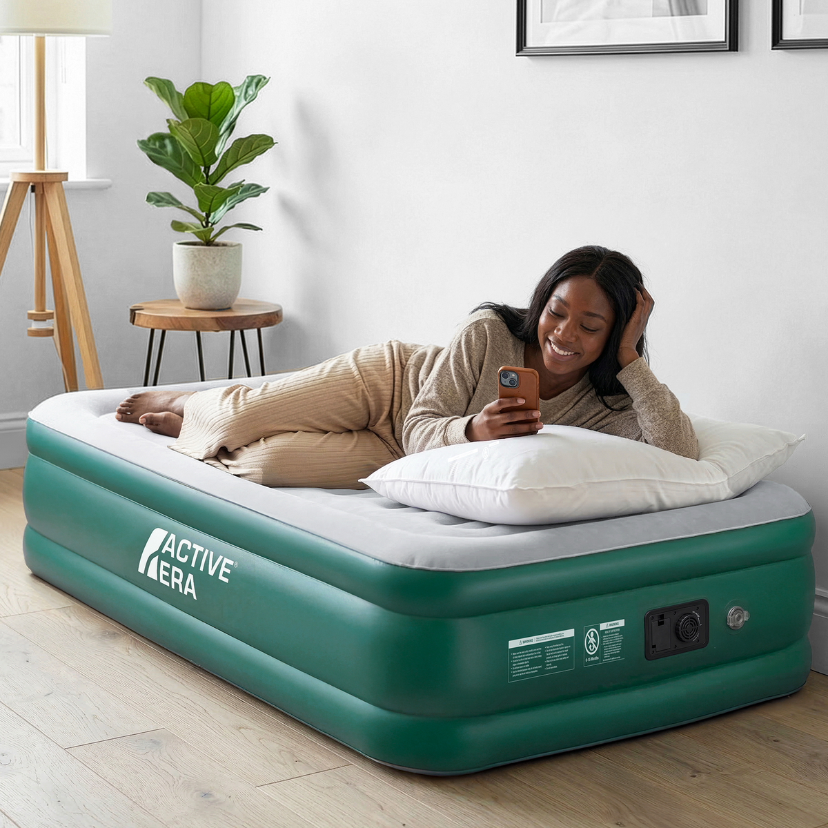 Single Comfort Air Bed with Built-In Electric Pump – Green/White