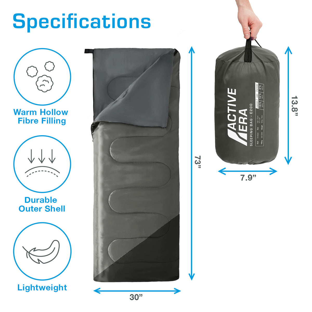 Lightweight Summer Sleeping Bag – 200GSM Compact Envelope Design - 2 Seasons - Black