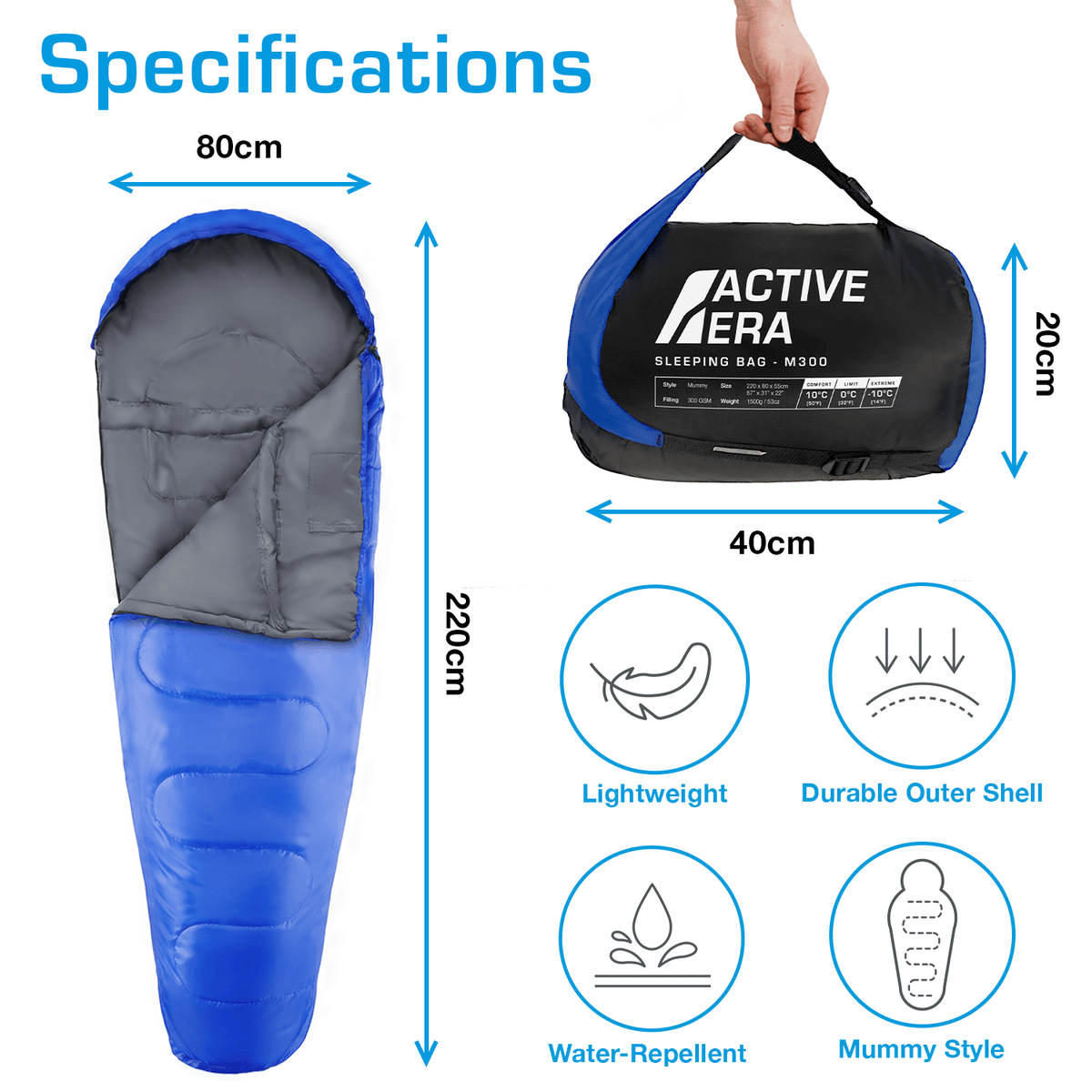 3–4 Season Mummy Sleeping Bag – Extra Warm 300GSM with Hood & Compression Sack - Blue