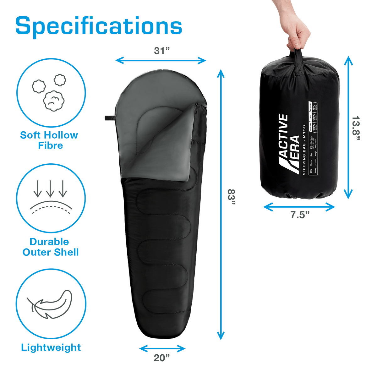 Ultra-Light Mummy Sleeping Bag – 150GSM for Summer Camping & Indoor Use - 2 Seasons