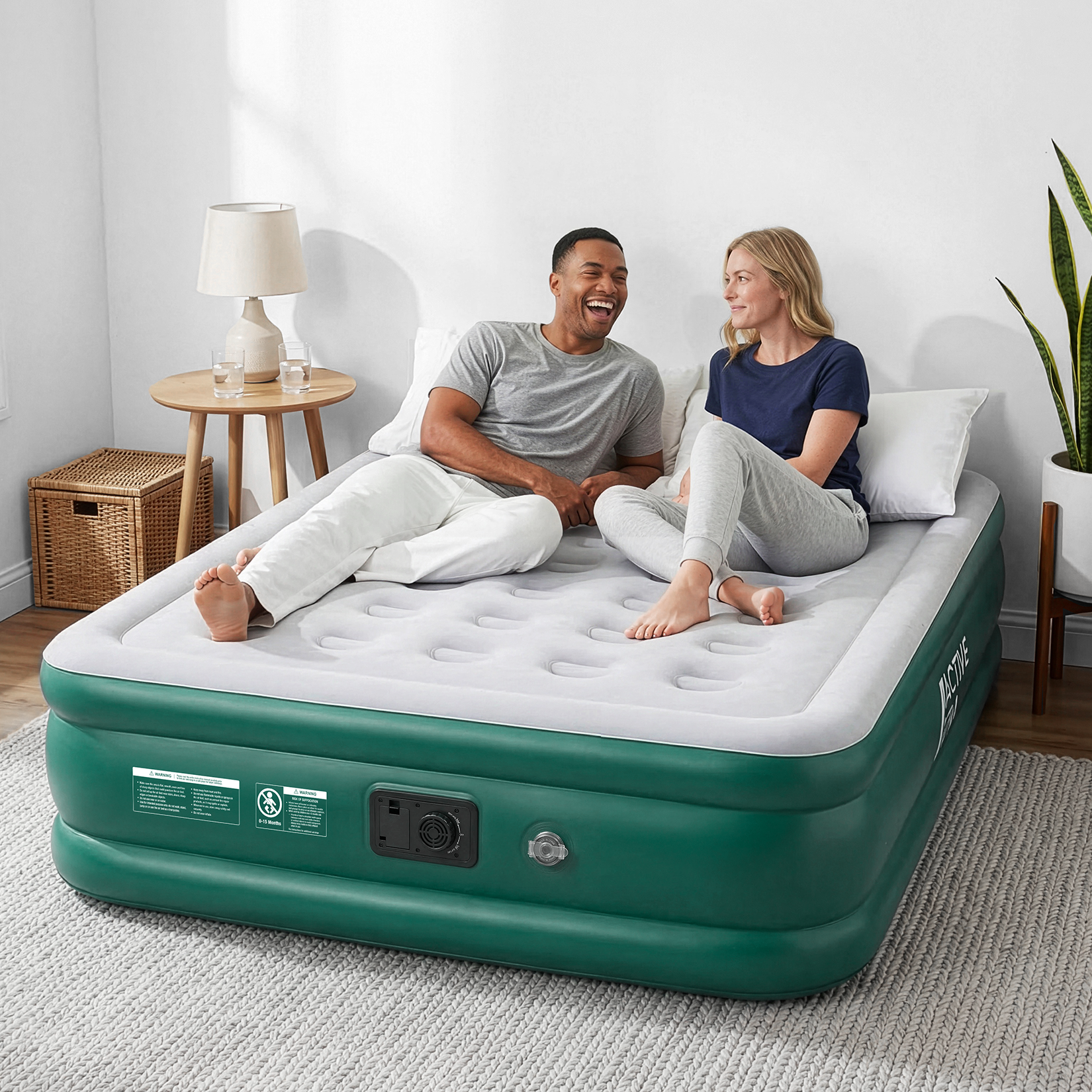 King Size Comfort Air Bed with Built-In Electric Pump – Green/White