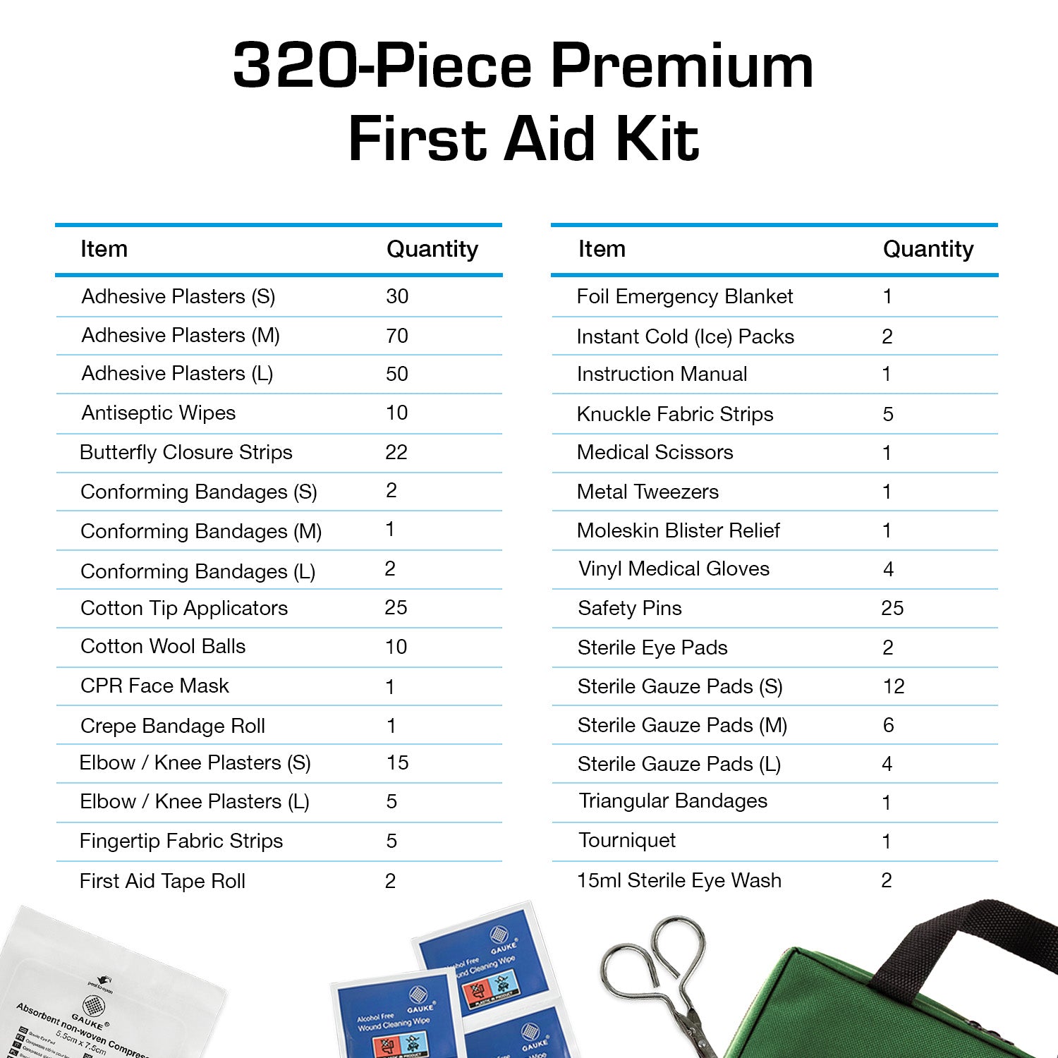 320 Piece Premium First Aid Kit Bag – Green