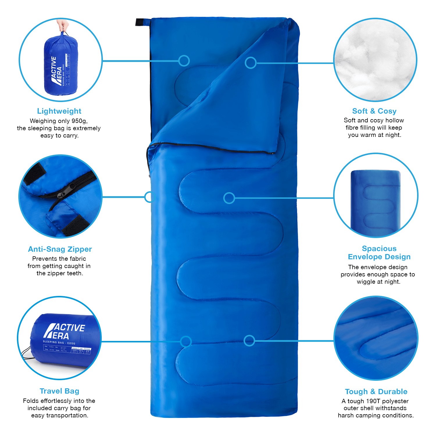 Lightweight Summer Sleeping Bag – 200GSM Compact Envelope Design - 2 Seasons - Blue