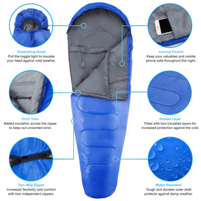 3–4 Season Mummy Sleeping Bag – Extra Warm 300GSM with Hood & Compression Sack - Blue