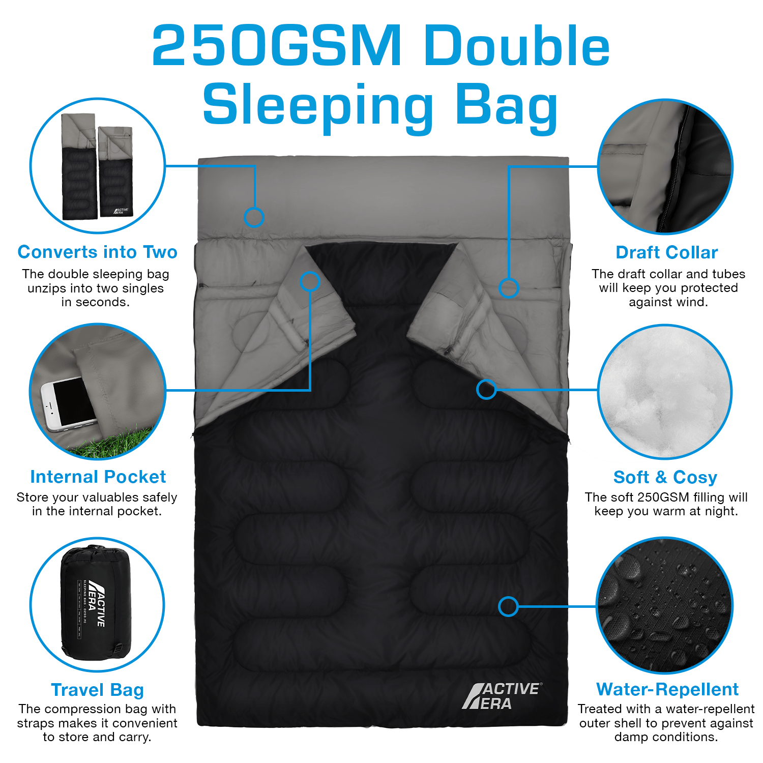 3 Season Double Sleeping Bag – 250GSM with Pillows & Convertible Design - Black