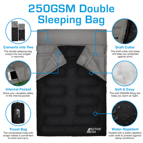 3 Season Double Sleeping Bag – 250GSM with Pillows & Convertible Design - Black
