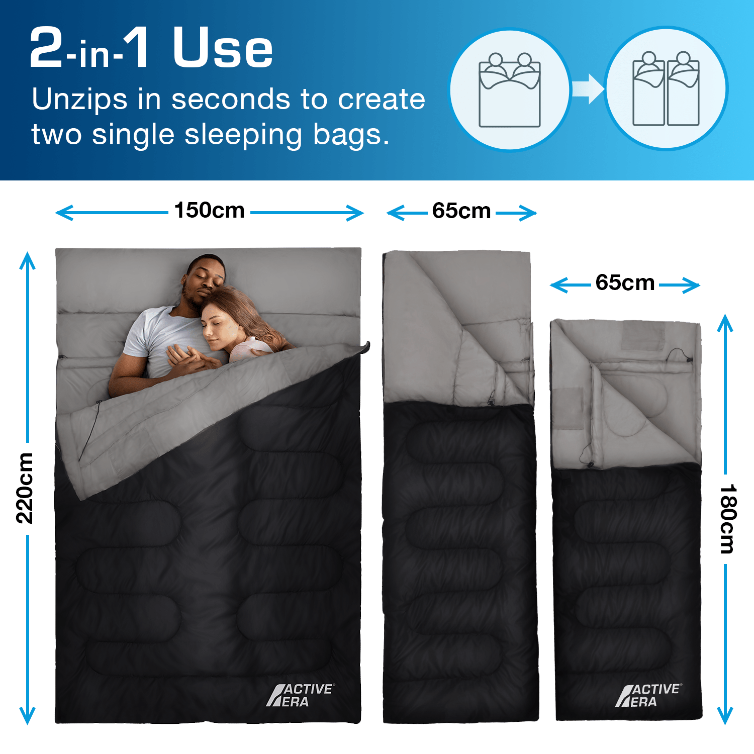 3 Season Double Sleeping Bag – 250GSM with Pillows & Convertible Design - Black
