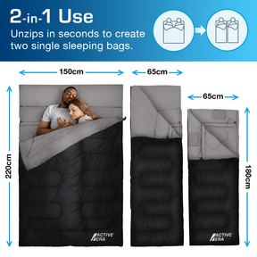 3 Season Double Sleeping Bag – 250GSM with Pillows & Convertible Design - Black