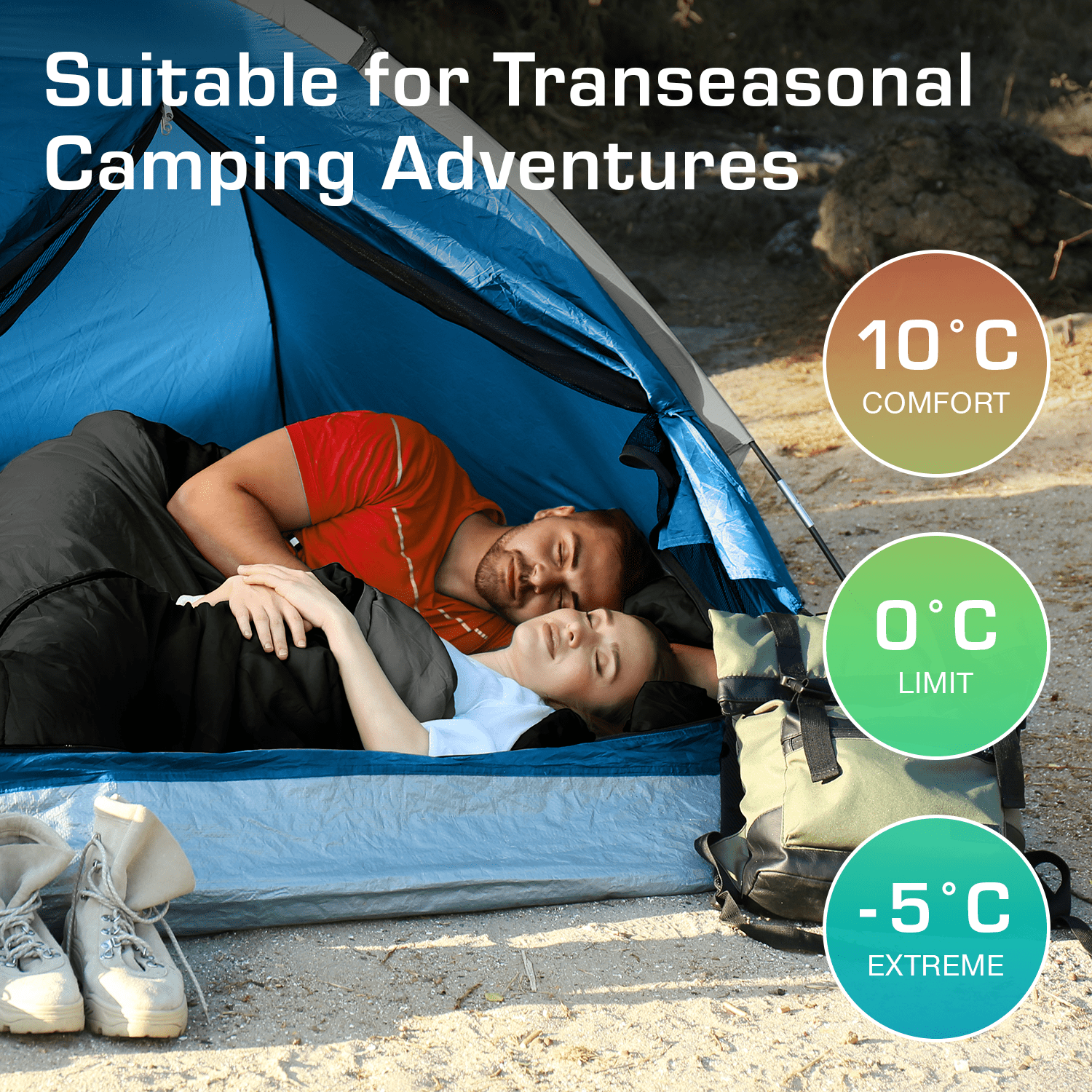 3 Season Double Sleeping Bag – 250GSM with Pillows & Convertible Design - Black