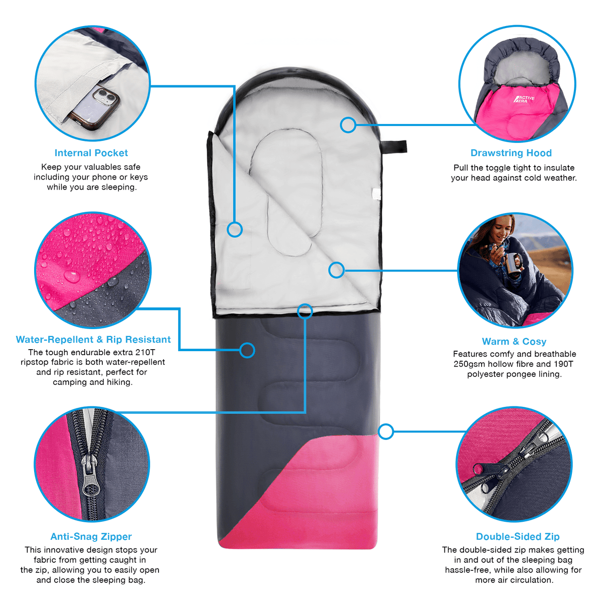 Premium Lightweight Waterproof Sleeping Bag – Compact 250GSM for Mild Weather - Pink