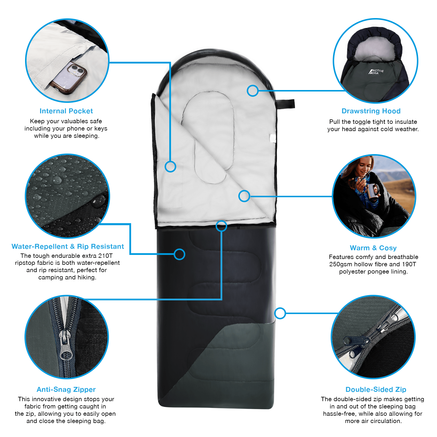 Premium Lightweight Waterproof Sleeping Bag – Compact 250GSM for Mild Weather - Black